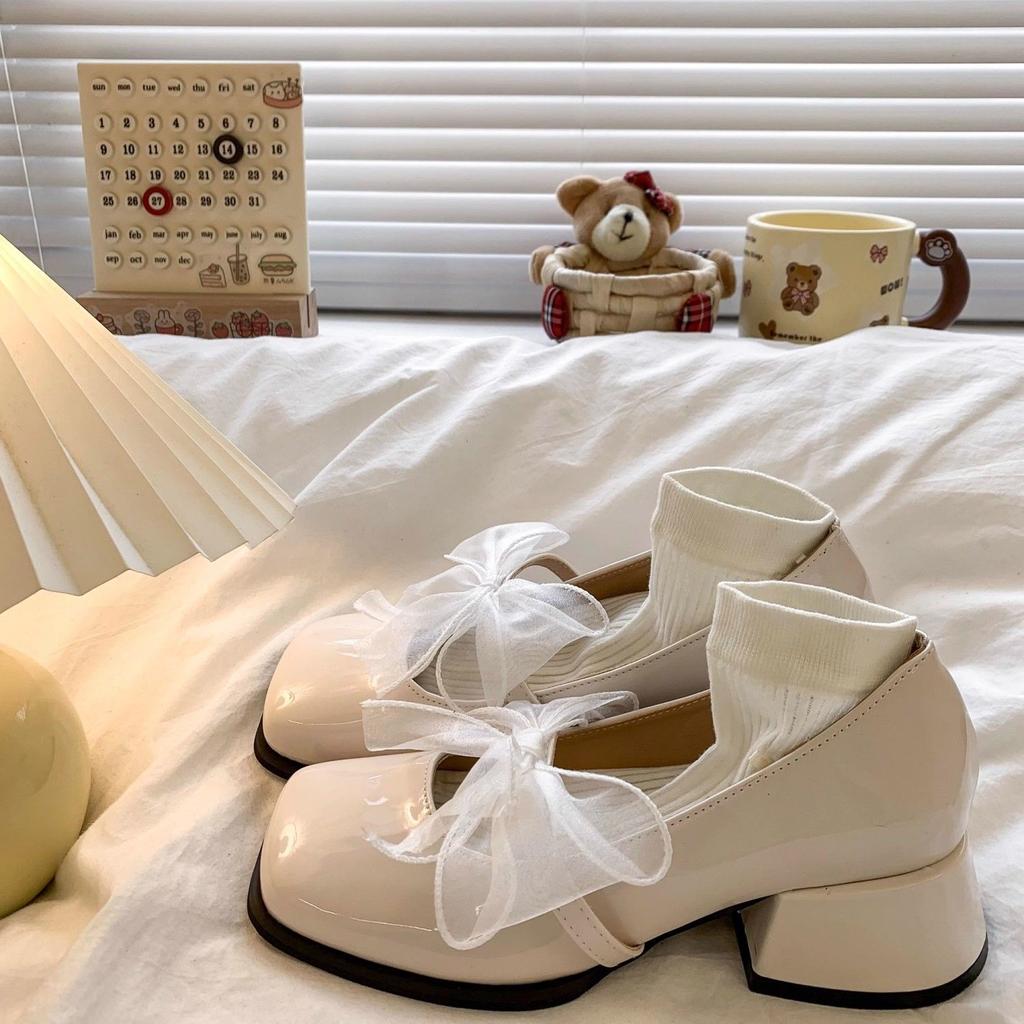 French Shallow Mouth Mary Jane Single Shoes 2025 Spring and Autumn New Bow High Heel Square Head Leather Shoes with Skirt Versatile Foreign Style
