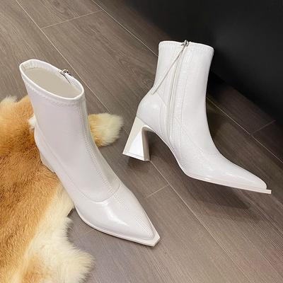 Женские модные массивные одинарные ботинки Осень Новые Остроносые Боковая молния Противоскользящие Износостойкие Короткие ботинки