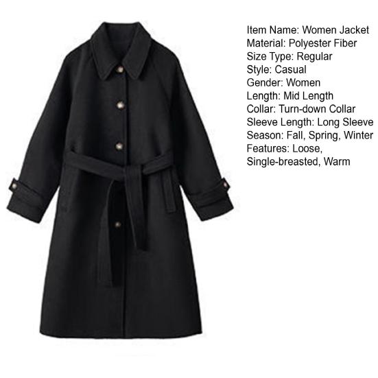 Осень-зима Женская куртка с поясом, толстый свободный отложной воротник, куртка для поездок на работу, однобортная, средней длины