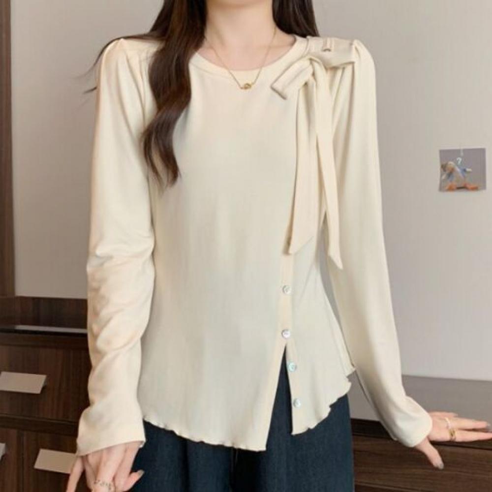 Navava Round Neck Long Sleeve T shirT Side sliTs buTTon Ribbon nT3263