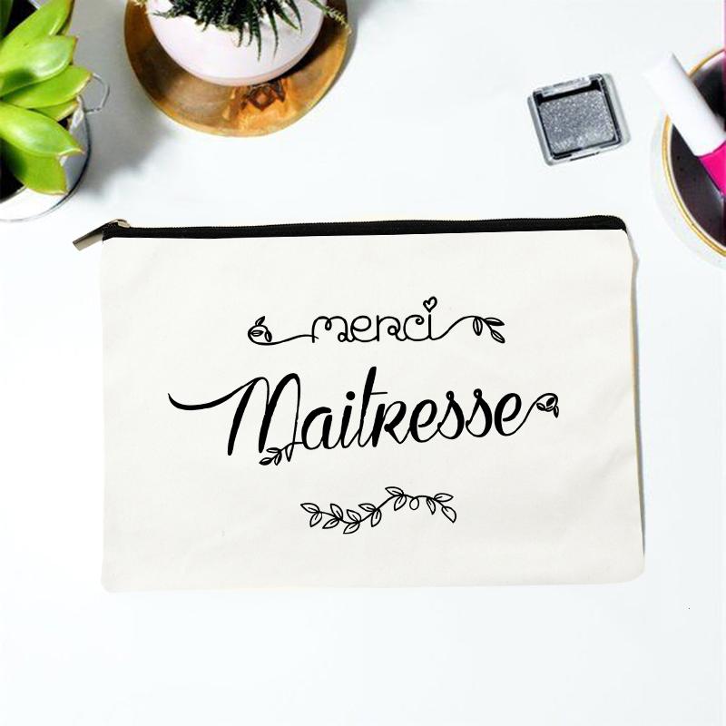 Teacher Superpower French Letter Print Women Cosmetic Bag Canvas Zipper Makeup Pouch Purse Organizer Pencil Bags Toiletry Bag