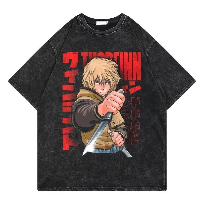 2026 summer Vinland Saga Anime Washed T-shirt Unisex Casual Oversized Short Sleeve Tee With Thorfinn Print For Fans