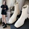 Fleece Elastic Versatile Thin Boots Square Martin Boots Women's Thick Heel White Autumn and Winter Fashion 2025 Cloth Short Boots New