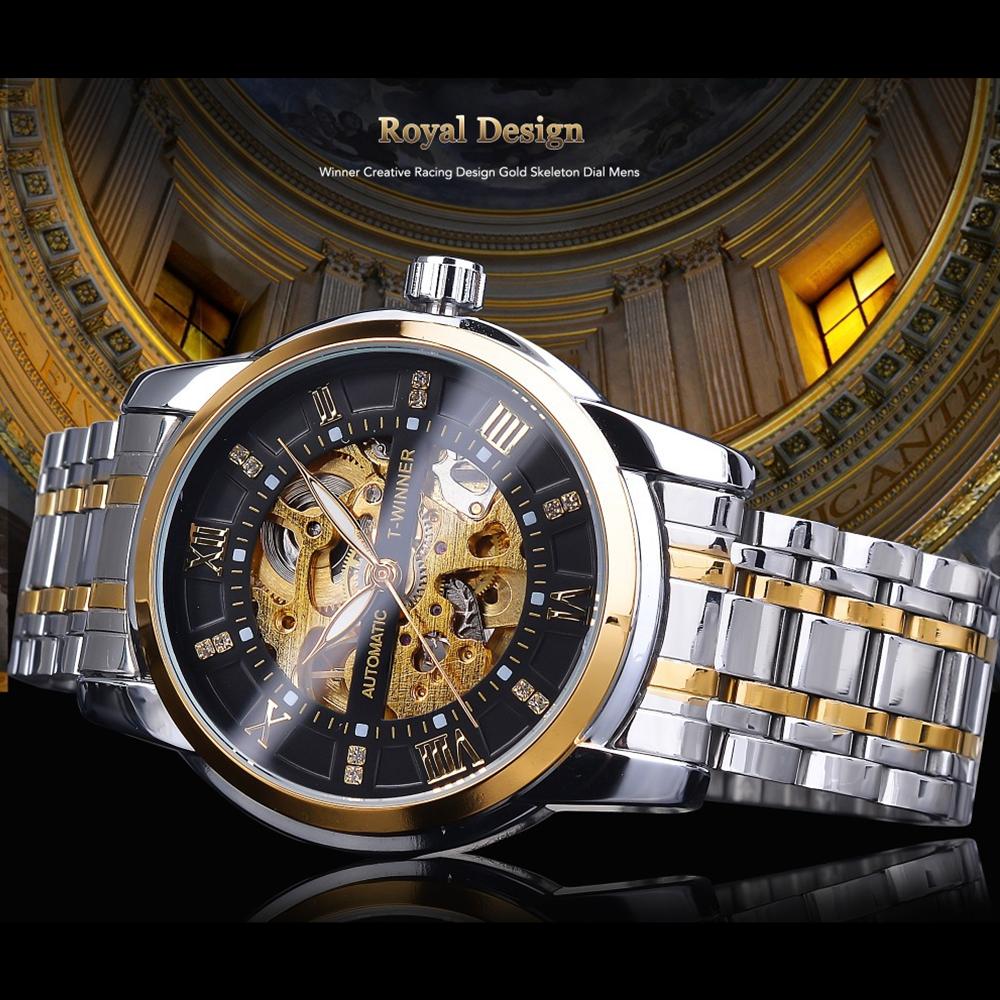 Winner Новые Топ Бизнес Стиль Скелетон Автоматические Механические Часы Мужские Часы с Мозаикой из Бриллиантов Римский Циферблат