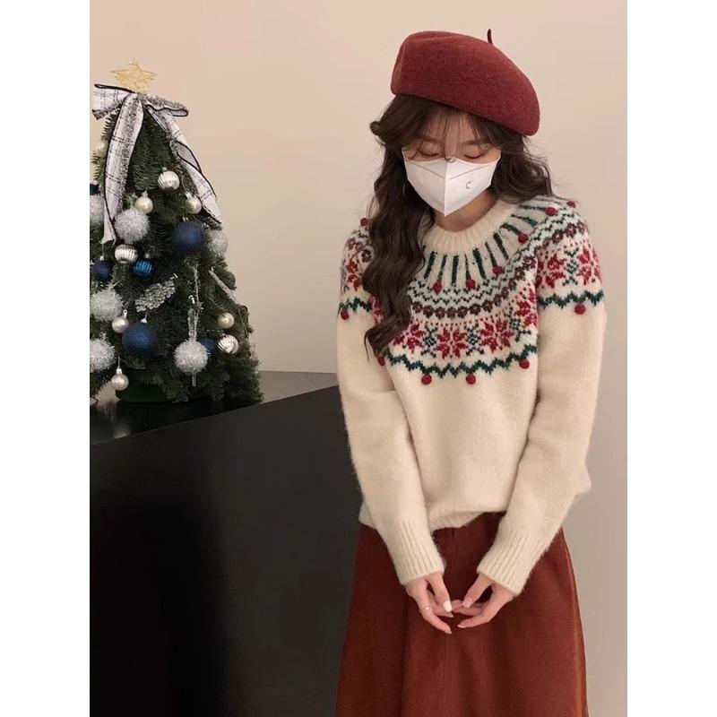 Jacquard Christmas New Red Fair Island Sweater Women's Autumn and Winter New Retro Pullover Soft Waxy Knitted Top