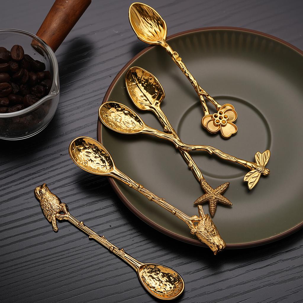 Retro Metal Coffee Spoon Dragonfly Branches Leaves Shape Ice Cream Cake Dessert Milk Mixing Spoon Kitchen Gadgets Tableware