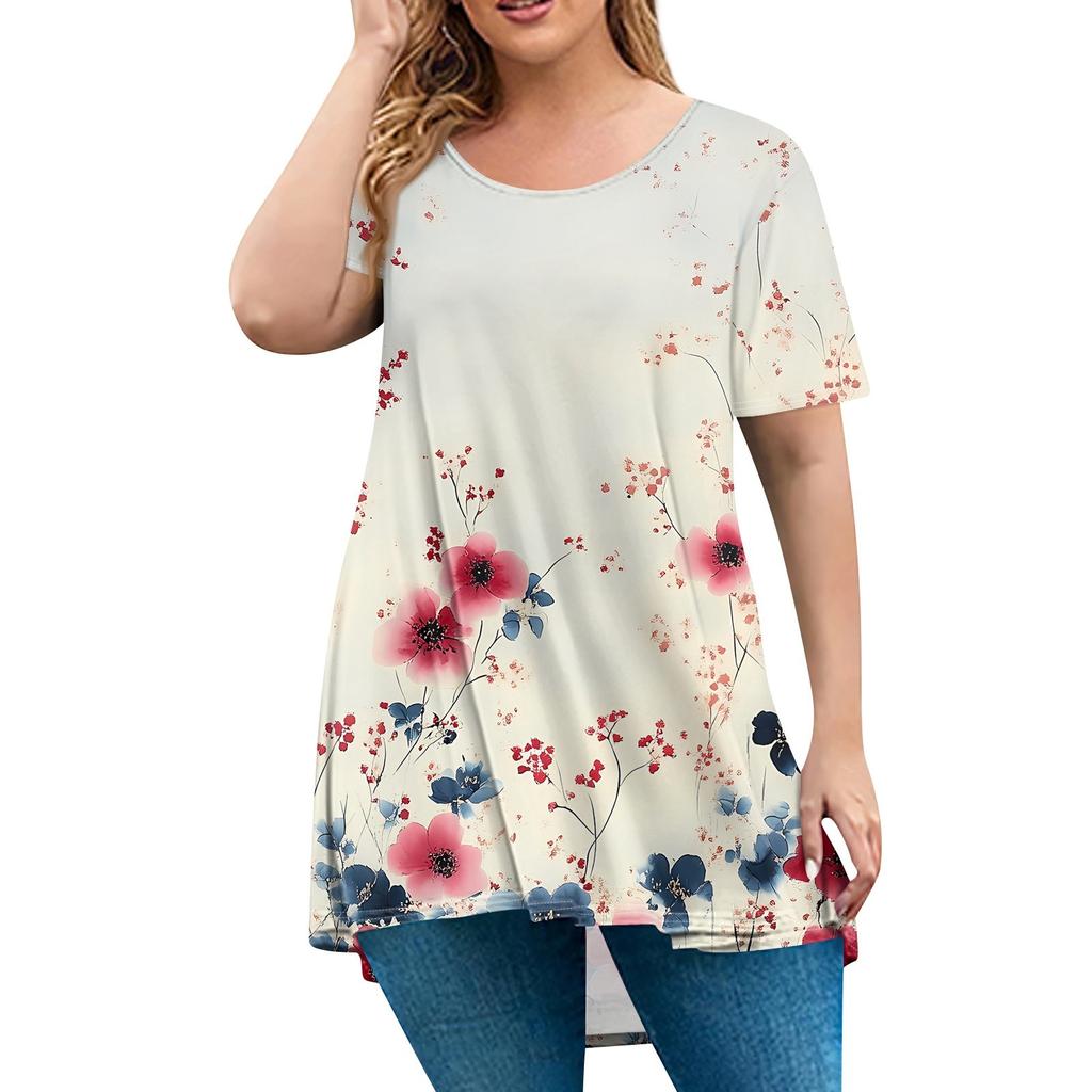 Женская мода большого размера с круглым вырезом и коротким рукавом, повседневный свободный пуловер с принтом