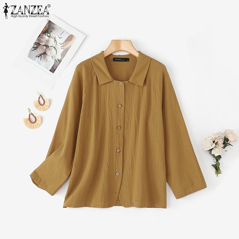ZANZEA Женская повседневная хлопковая блузка свободного кроя с отложным воротником и рукавом 3/4