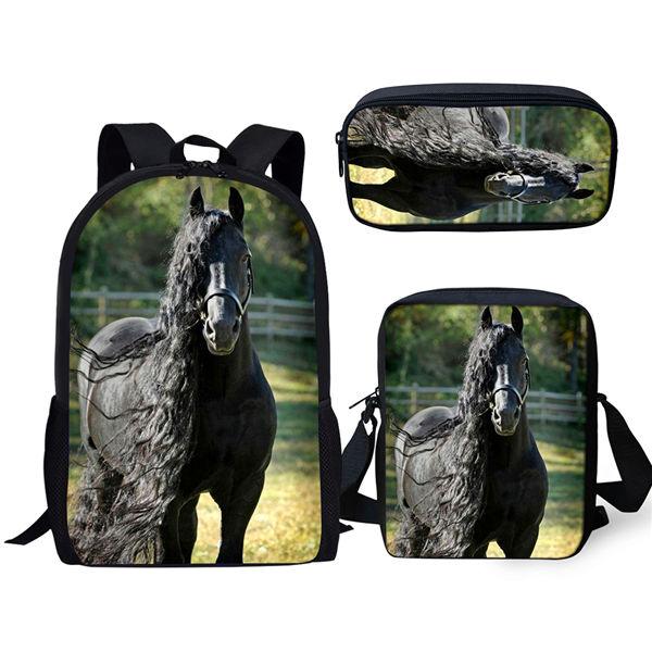 Trendy Handsome Black Horse 3D Print 3pcs/Set pupil School Bags Laptop Daypack Backpack Inclined shoulder bag Pencil Case