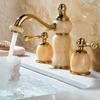 Basin Faucet Gold Brass Jade Bathroom Sink Faucet 3 Hole Widespread Basin Mixer Double Handle Hot And Cold Water Tap New Arrival