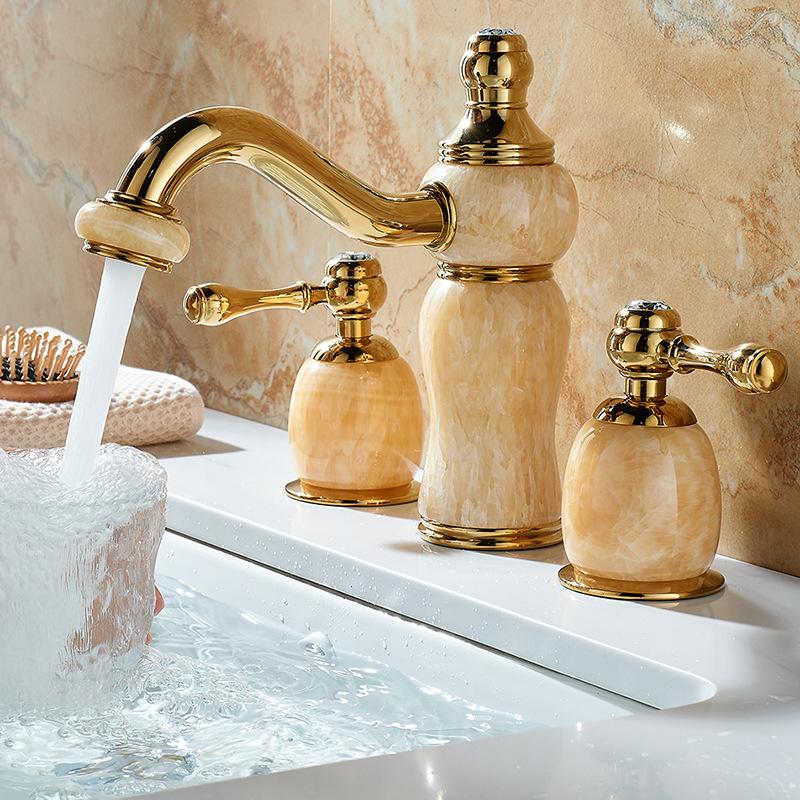 Смеситель для раковины из золотой латуни и нефрита, смеситель для раковины с тремя отверстиями, широко расставленный смеситель для раковины, двухрычажный кран для горячей и холодной воды, новое поступление