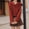Women's Hooded Knitted Sweater Navy Collar Retro Sweater Women's Autumn Grid Short Top
