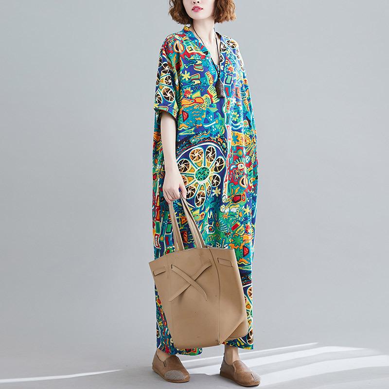 Летнее женское пляжное платье больших размеров из хлопка и льна с принтом и V-образным вырезом, свободное, простое, в стиле отпуска, длинное платье