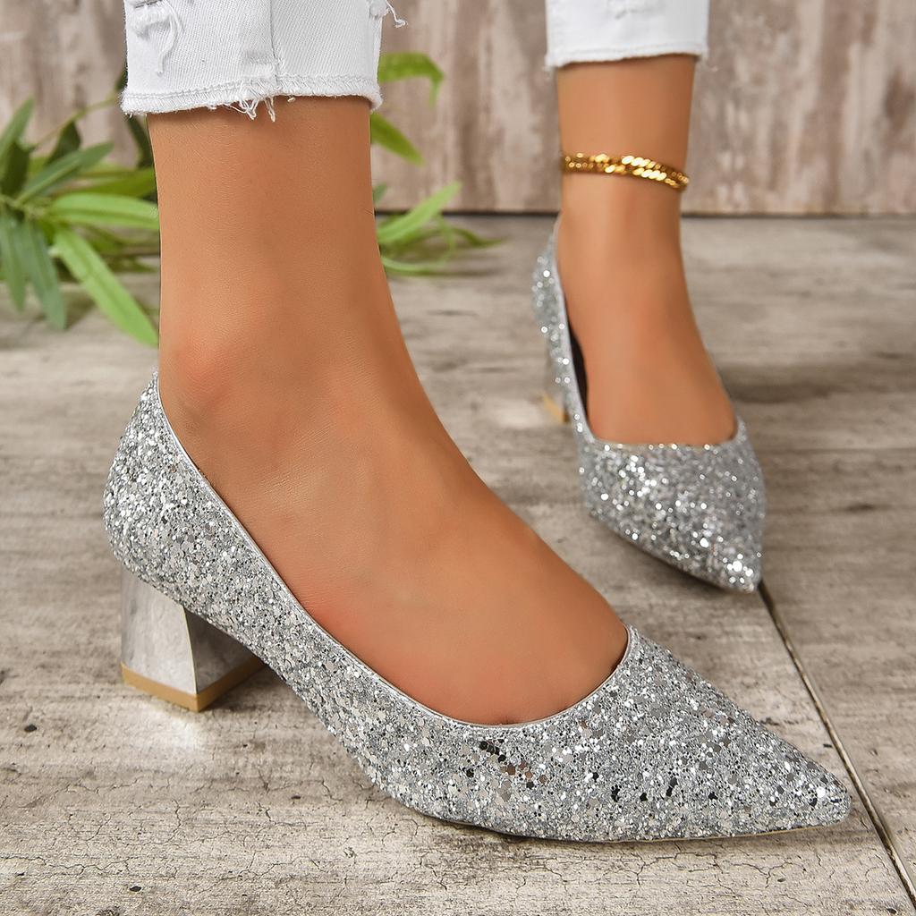 Glitter crystal shoes sequined high heels women's 2024 new pointed plus size socialite silver pregnant woman bride wedding shoes