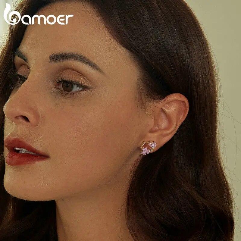 Серьги-гвоздики Bamoer из стерлингового серебра 925 пробы с цветком глицинии и бабочкой, серьги-гвоздики с сердцем и виноградной лозой для женщин и девочек, романтические изящные ювелирные изделия