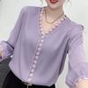 Women Spring Summer Sweet Lace Spliced Shirt Chic Pearl Button V-Neck Female Clothing Solid Color 3/4 Sleeve Blouse