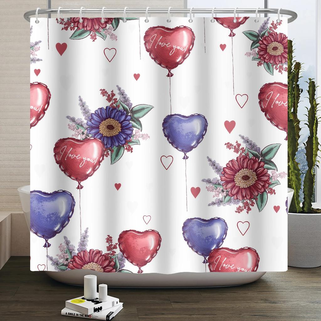Happy Valentines Day Heart Shower Curtain Red Pink Romantic Falling Love Heart Sweet Lovers Waterproof Bathroom Curtain Decor