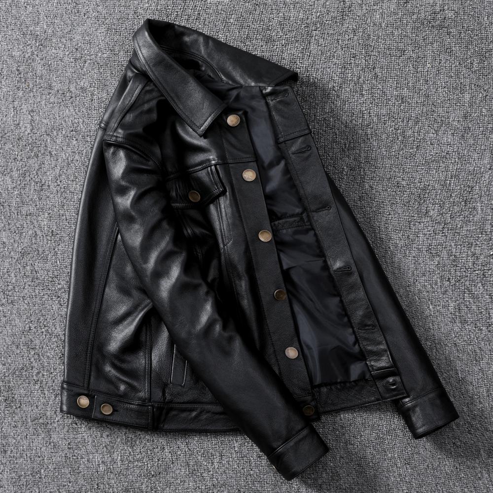 Spring Denim Genuine Leather Jacket Classic Slim Cowhide Button Coat Plus Size Mens Fashion Leather Clothing