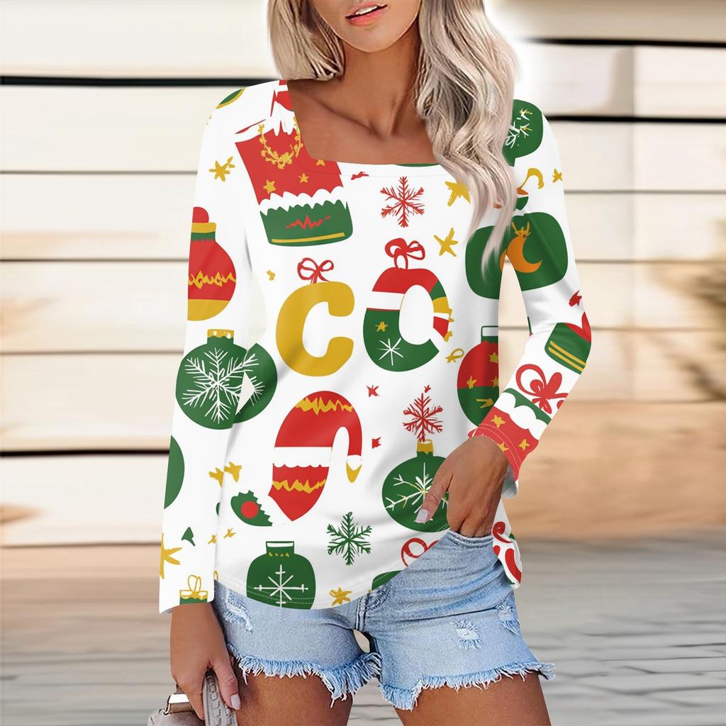 Женская модная повседневная рубашка с длинными рукавами и рождественским принтом с квадратным вырезом и длинными рукавами