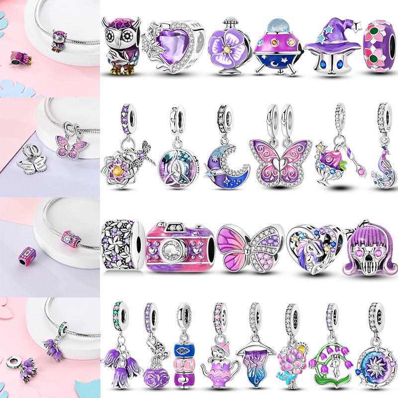 925 Silver Purple Series Butterfly Aries Gemini Safety Chains Fit Original Bracelet DIY Jewelry Making Gift For Women