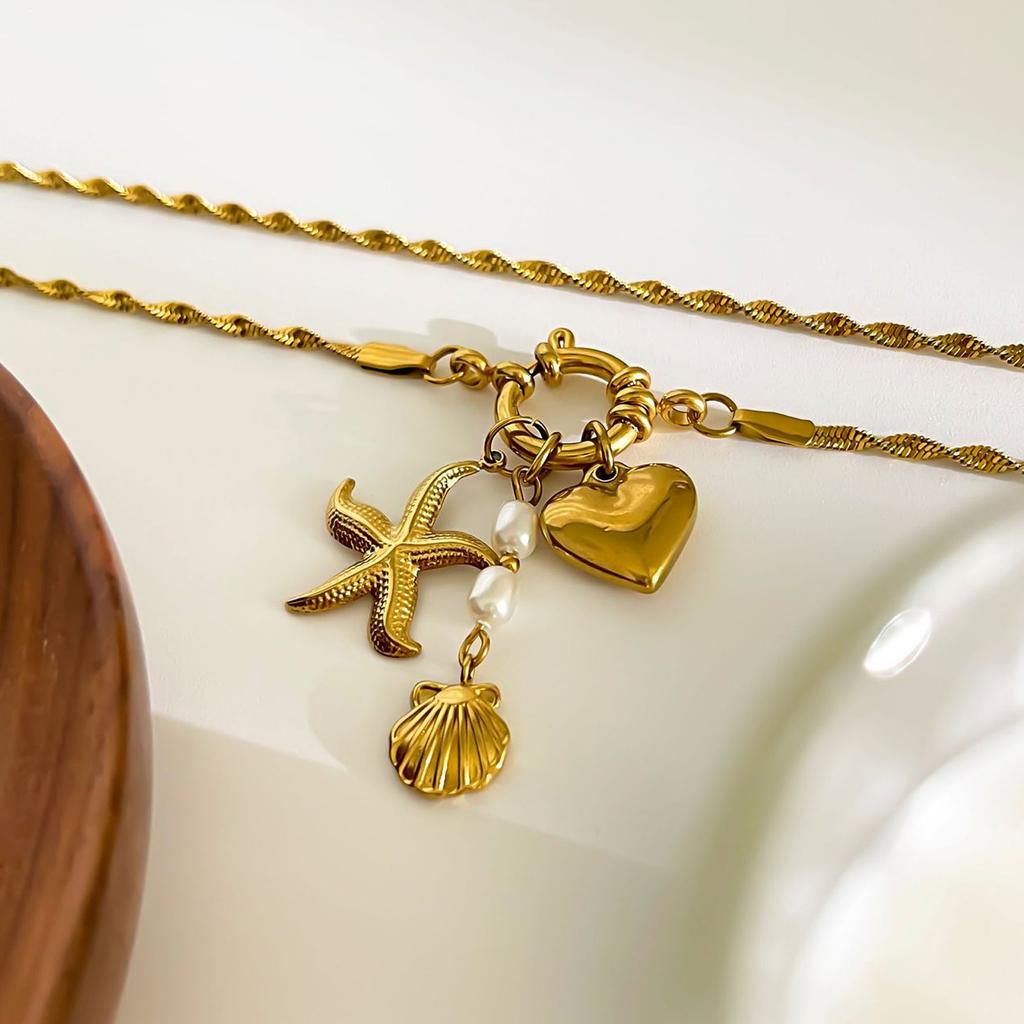 Модное ожерелье из нержавеющей стали с подвеской в виде сердца и ракушки в виде морской звезды, стильное ожерелье, подходящее для любителей моды