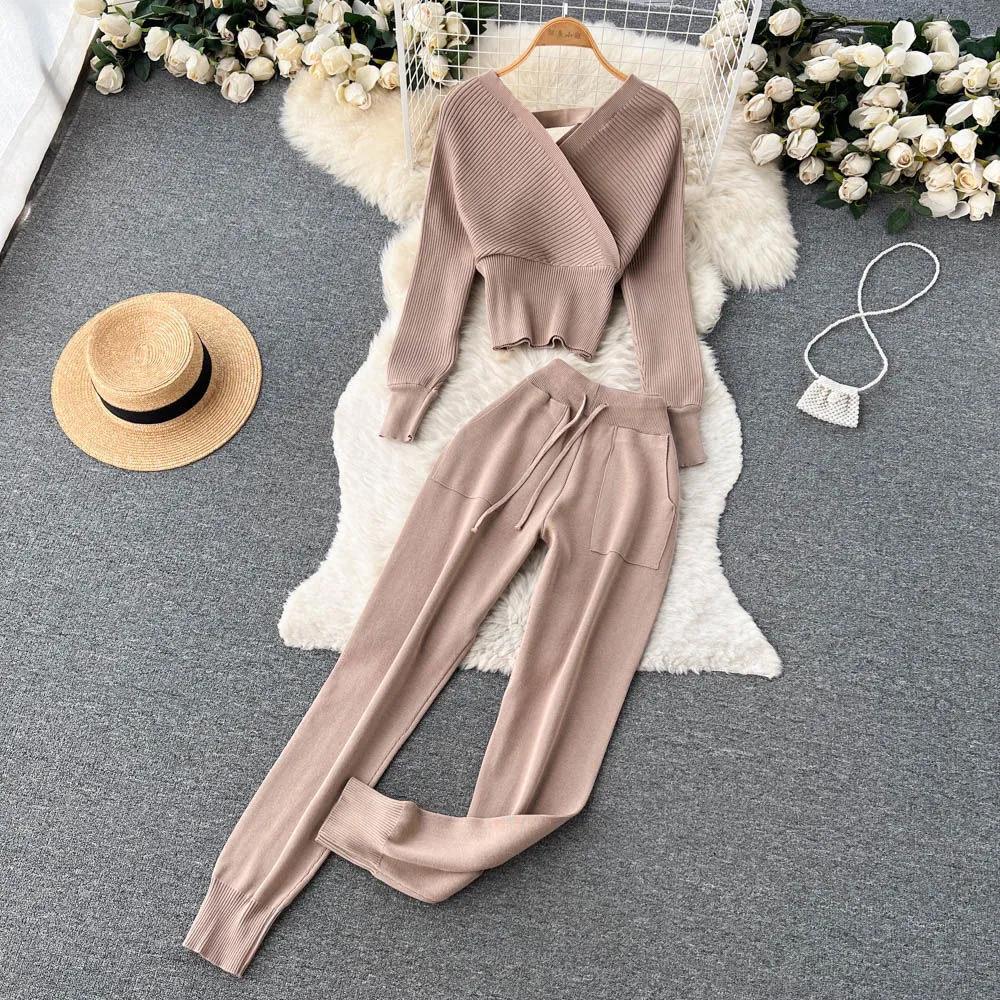 Зима Осень Повседневный трикотажный костюм из двух частей свитер с V-образным вырезом и длинными рукавами и завязанными на талии повседневными длинными брюками Комплекты Женские свитера