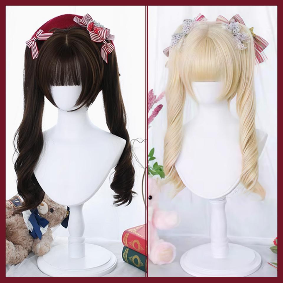 WTB вьющиеся волосы двойной хвост синтетический парик женский милый повседневный Лолита мультфильм прямая челка двойной хвост длинные вьющиеся волосы