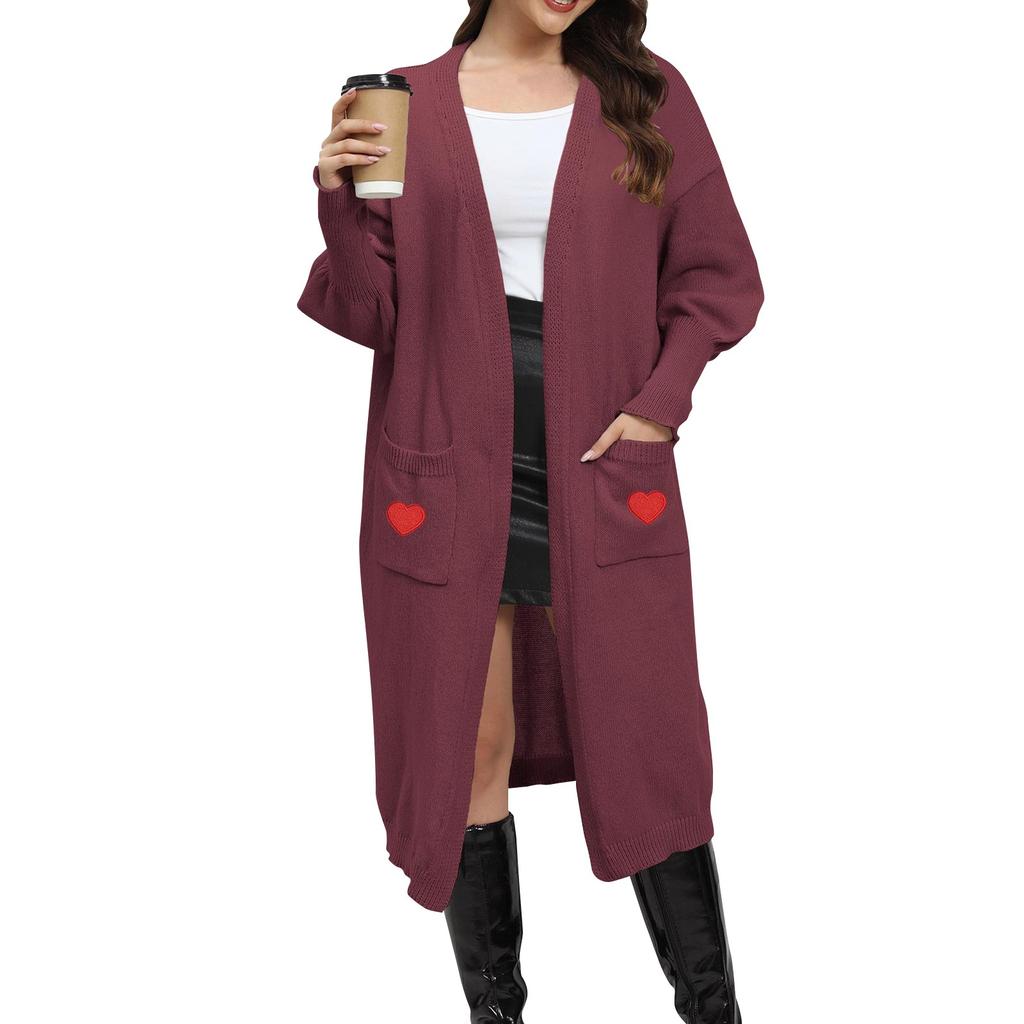 Women's Casual Fashion Comfortable Loose Lazy  Love Patch Knitted Sweater Double Pocket Sweater Cardigan