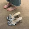 Temperament High Heel with Sandals Female Rhinestone Bow Fairy Wind Summer Two Wear Waterproof Desk Thick Heel Cool Slippers