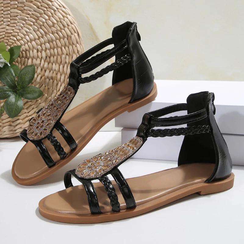 Fashion Ankle Strap Braided Roman Sandals for Women 2025 Summer Shiny Crystal Flat Sandals Woman Comfortable Soft Non Slip Beach Shoes