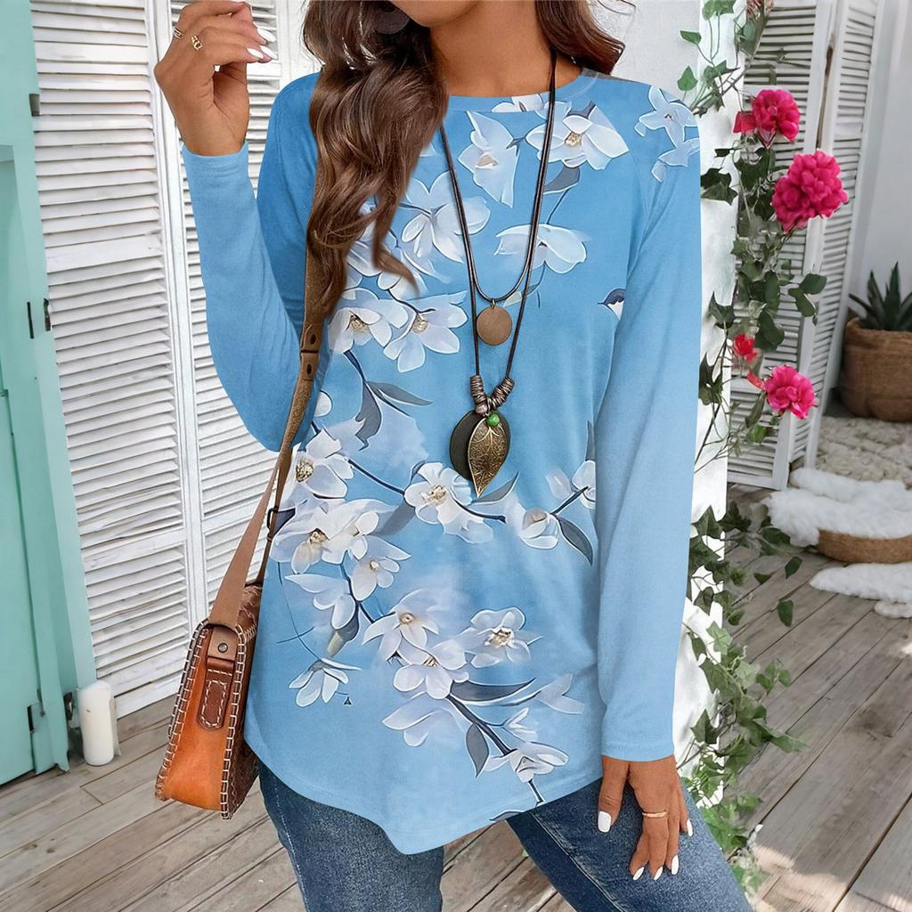 Женская повседневная футболка большого размера с длинными рукавами и круглым вырезом, винтажный этнический принт, топ-пуловер