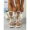 Женские теплые ботинки из искусственного меха с флисовой подкладкой из искусственной замши на массивном каблуке-платформе, слипоны на шнуровке, с круглым носком, до середины икры, зимние ботинки для снега