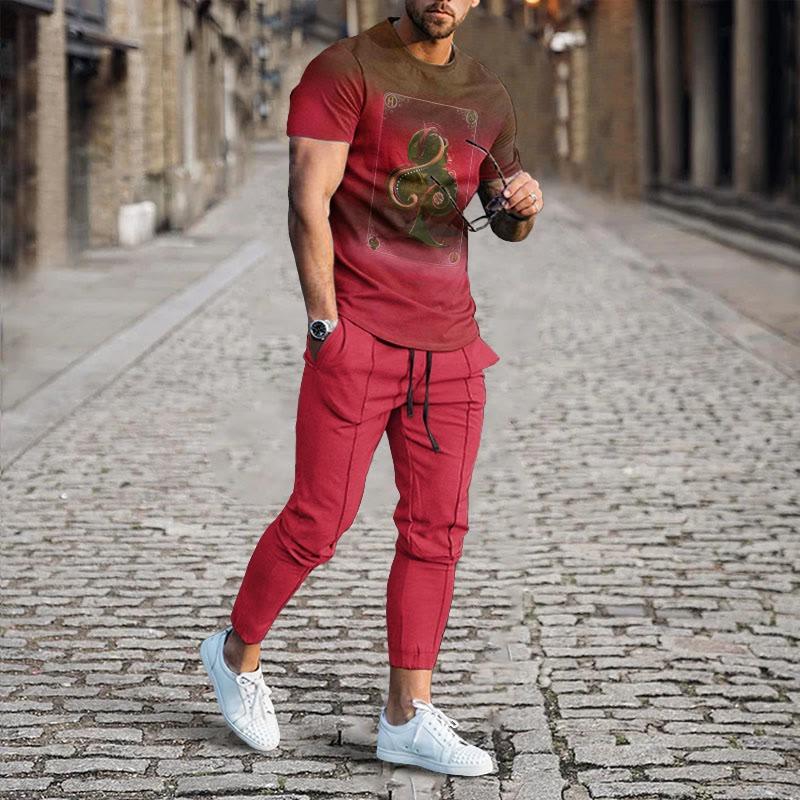 Men's Summer Sets Gradient Colortrend Short Sleeve T Shirt Trousers 2pcs Suits 3d Print Retro Style O Neck Clothing Streetwear