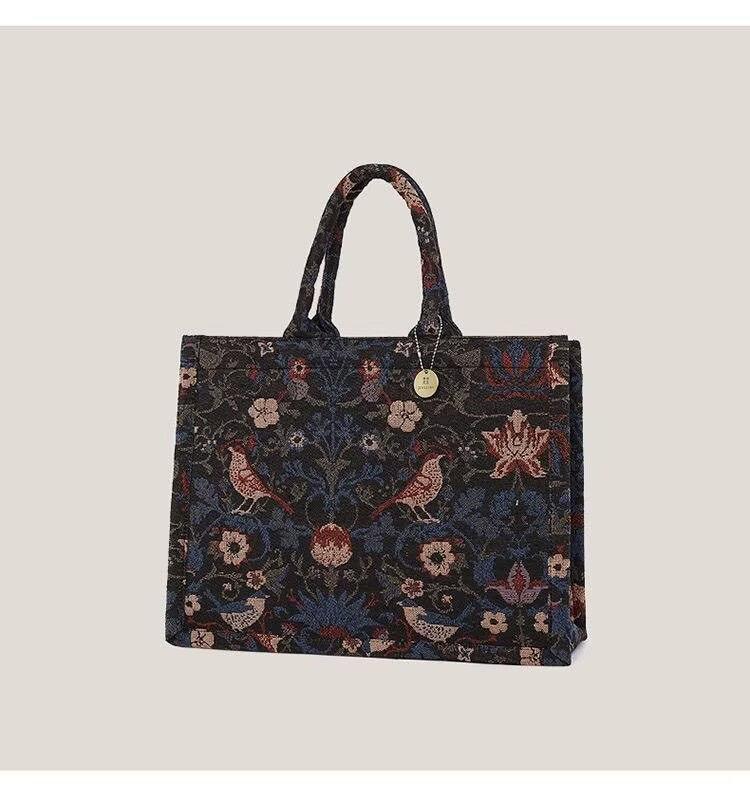 Retro Flower Embroidery Tote Bag Women Canvas Large Capacity Square Shoulder Bags Ladies Fashion Commuter Harajuku Handbag 2025