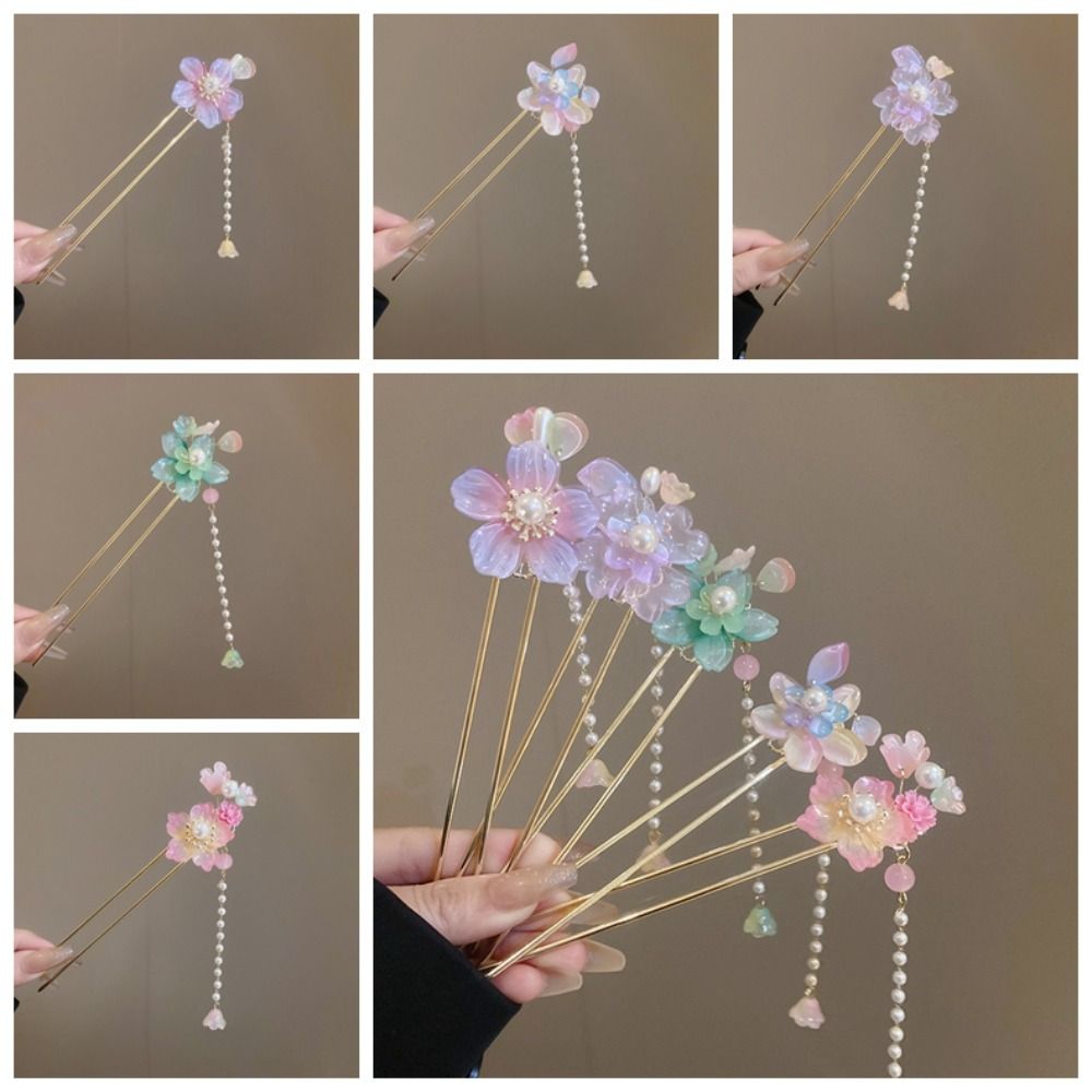 Exquisite Flowers Pearl Tassel Hairpin Fashion Flower Headdress Ancient Style Hair Stick  Hanfu
