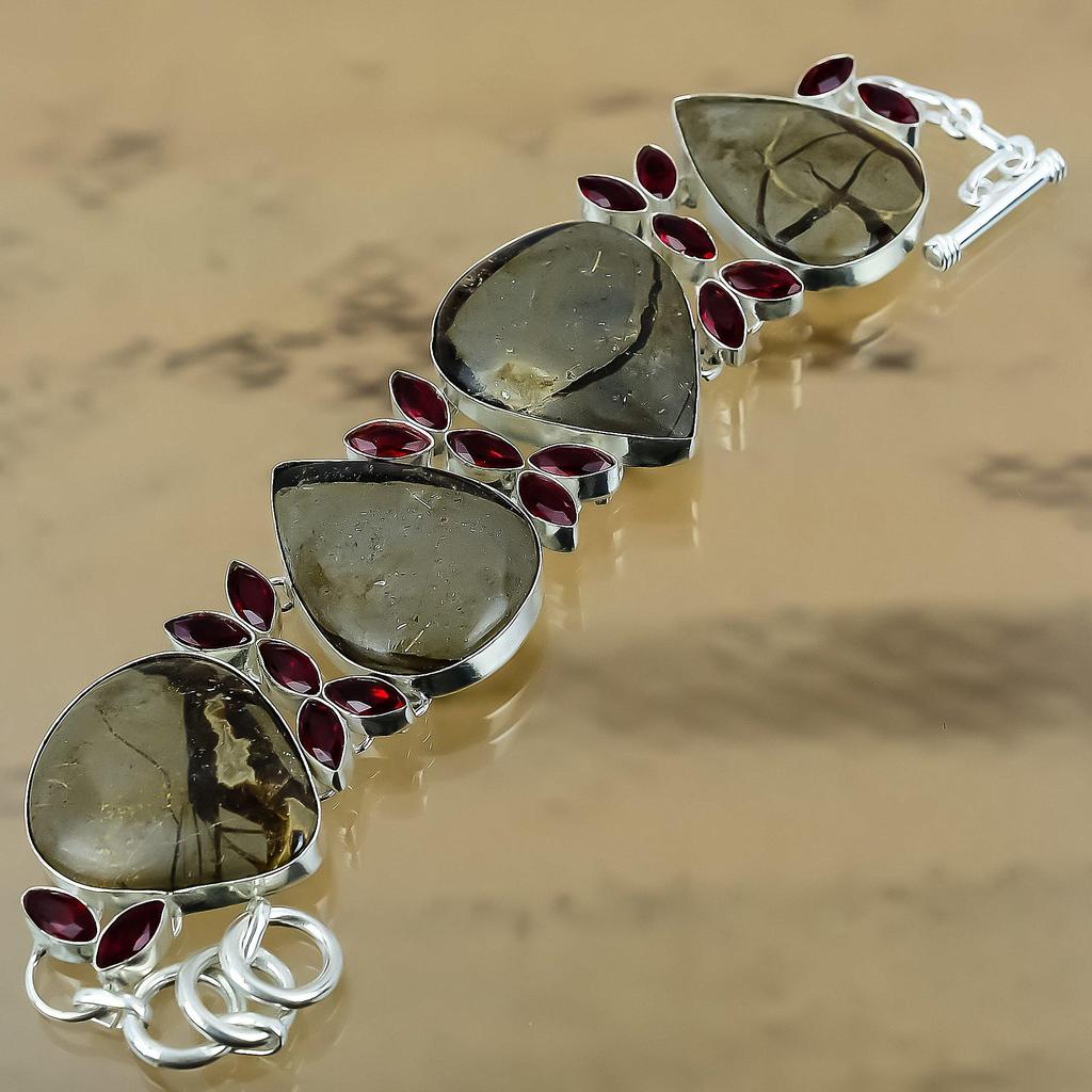 Septarian Gemstone Mozambique Garnet Chain Root Chakra Bracelet Sterling Silver