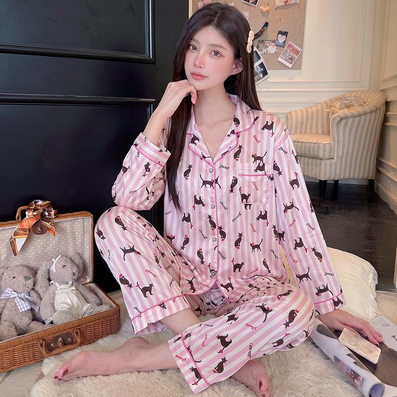 Japanese and Korean style floral bear girl pajamas spring and autumn silky ice silk loungewear cartoon long-sleeved two-piece set