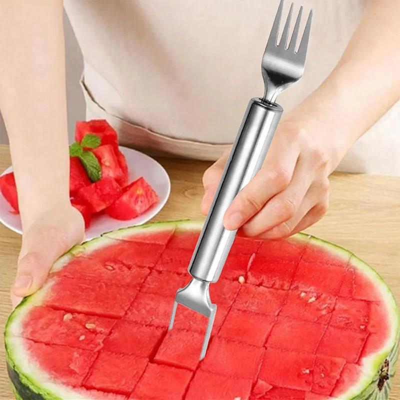 2-in-1 Stainless Steel Fruit Cutters Dual Head Watermelon Fork Cutter Slicer Tool For Home Kitchen Gadget Melon Cube Cutter