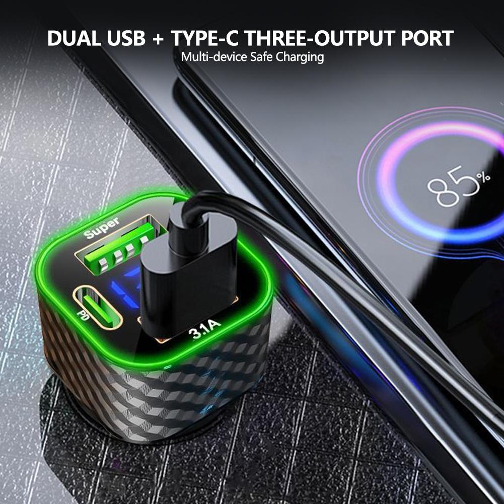 Автомобильное зарядное устройство 4 в 1 Двойное PD с дисплеем напряжения USB Адаптер сверхбыстрой зарядки для смартфона