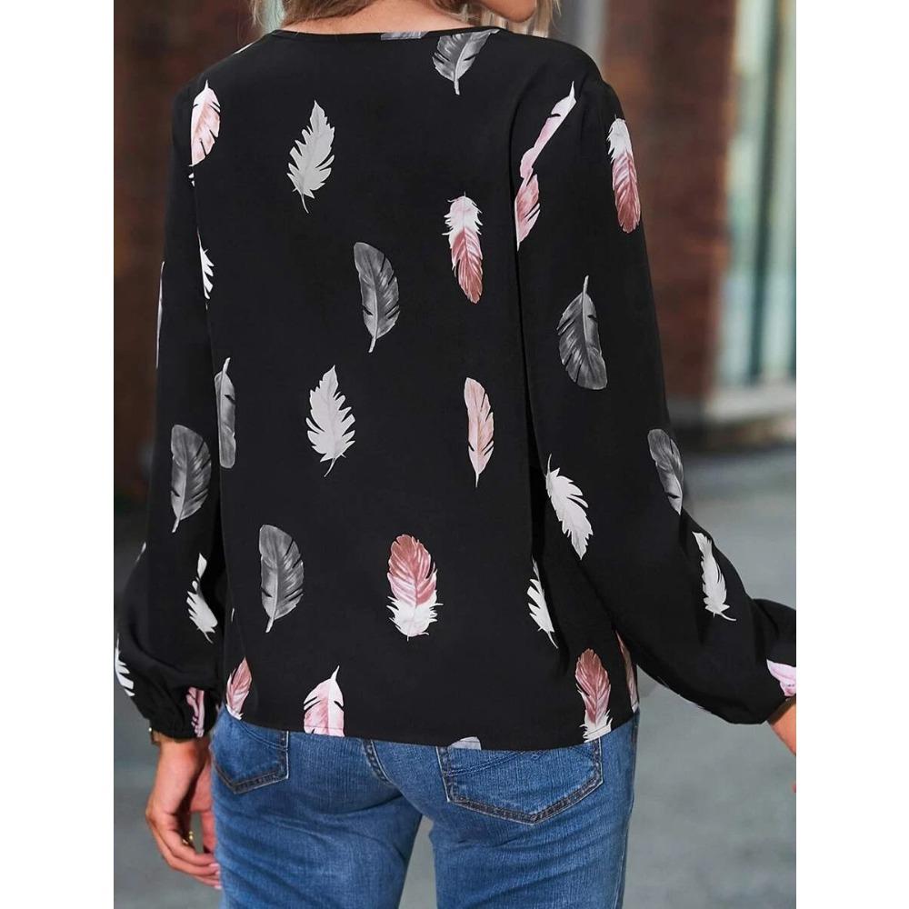 GMXIA Women's Spring Summer V-neck Feather Print Long Sleeve Loose T-shirt Top for Women
