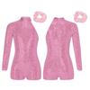 Girls Sparkly Sequin Gymnastics Leotard One Shoulder Long Sleeve Bodysuit with Hair Tie Jazz Dancewear