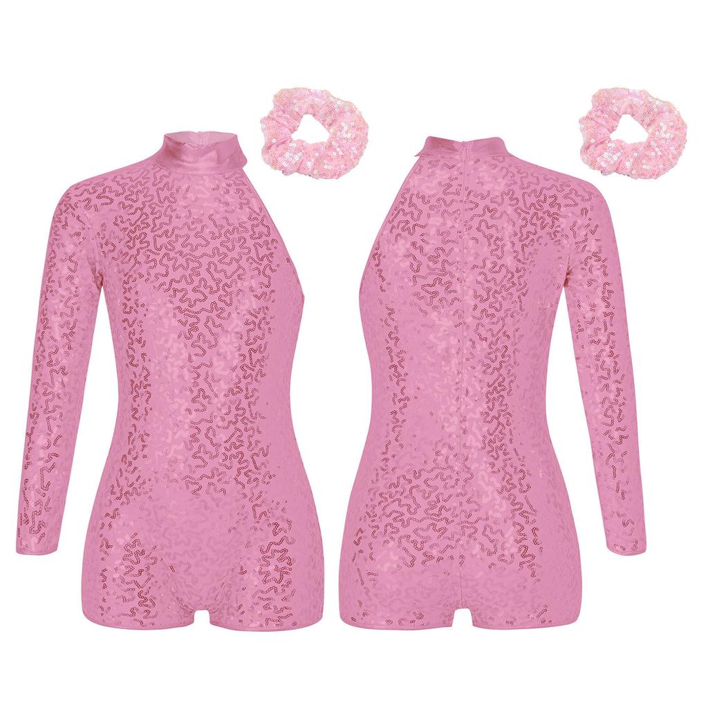 Girls Sparkly Sequin Gymnastics Leotard One Shoulder Long Sleeve Bodysuit with Hair Tie Jazz Dancewear
