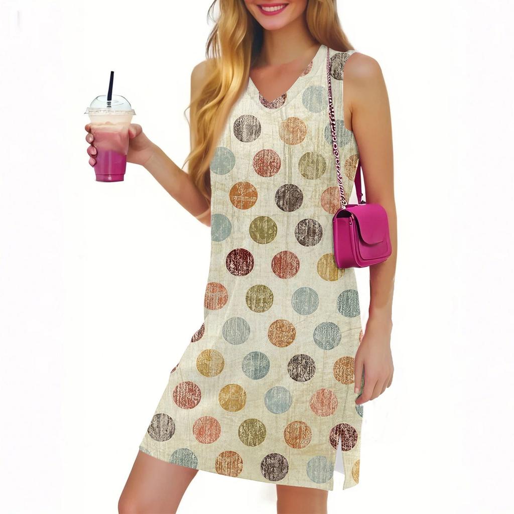 V-образный вырез Летнее повседневное пляжное платье для женщин Отдых Женский сарафан без рукавов с разрезом