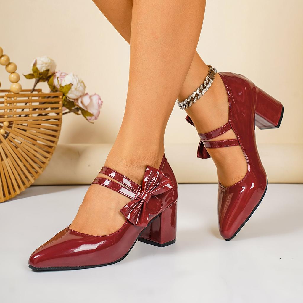 Женские туфли Мэри Джейн из лакированной кожи с бантом и заостренным носом на массивном каблуке Модная обувь для вечеринок