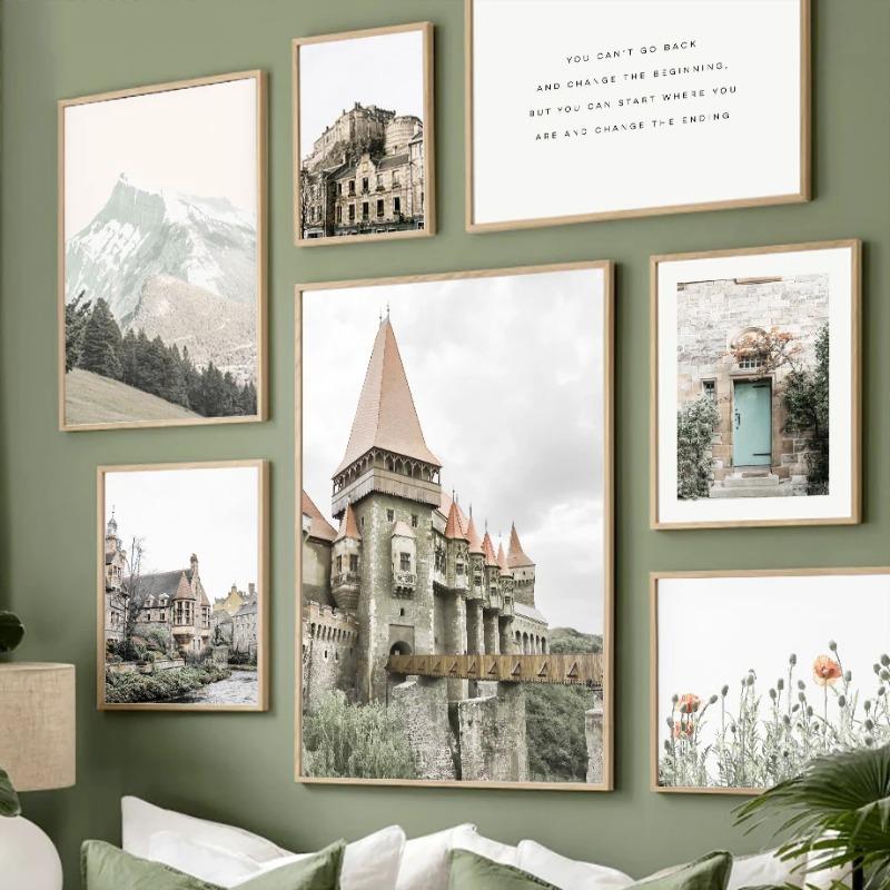 Настенная живопись на холсте Лондонский замок Зеленый холм Желтый цветок Скандинавские постеры и принты Настенные картины для декора гостиной