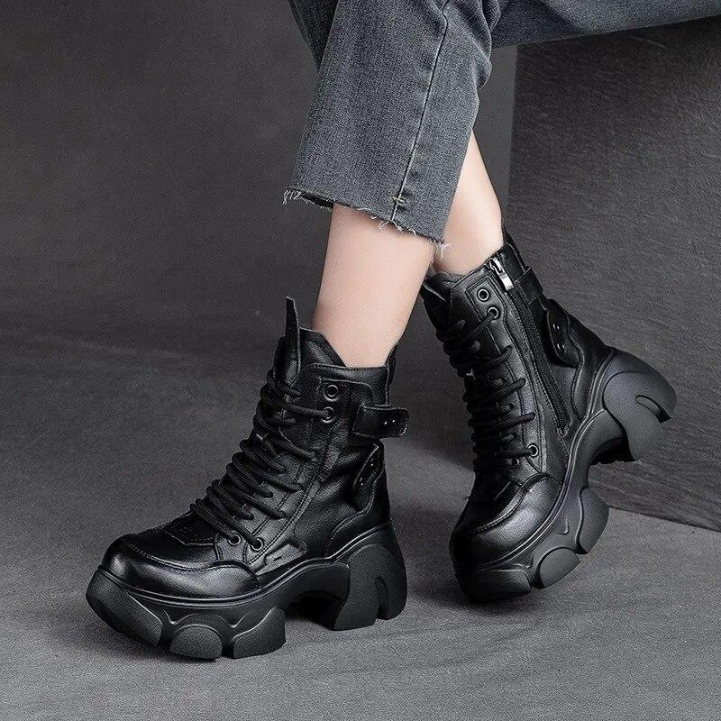 Johnature Thick Bottom Boots With Plush Warm Genuine Leather Versatile Women's Short Boots