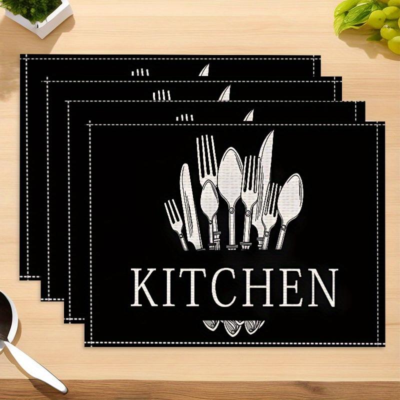 4 шт., Кухонная ткань, Кухонный декор и аксессуары, Подставки под тарелки, Льняные салфетки-подставки, Подставки под тарелки с узором "Черный нож и вилка", Отель Ресторан
