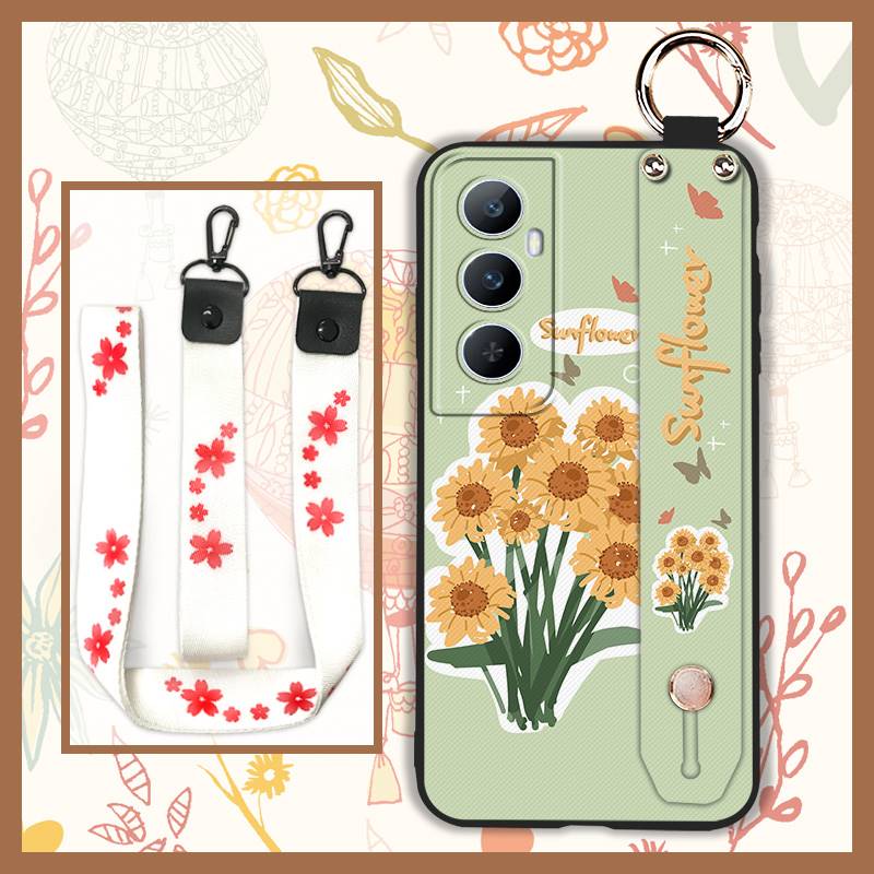 Phone Holder Durable Phone Case For Realme C65 Oil Painting Anti-dust Flower Silicone Shockproof Wristband Waterproof