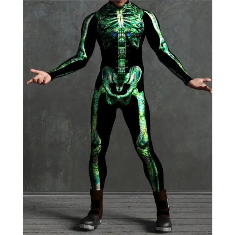 Men Women 3D Colorful Skeleton Bodysuit Cyber Punk Jumpsuit Halloween Party Carnival Cosplay Costume Performance Romper Zentai