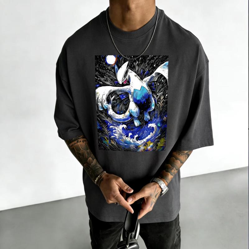 Pokémon Anime Lugia Printed Cotton Tshirt 2026 Summer Mens and Womens Loose Casual Street Versatile Trend Short Sleeved Top